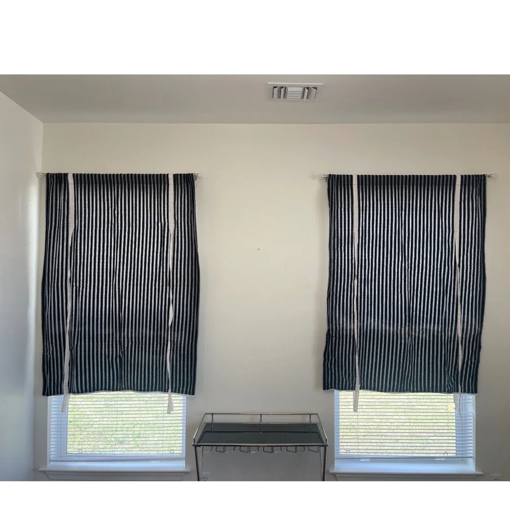 French Ticking Stripe Farmhouse Black White Striped Tie Up Curtain Set 55